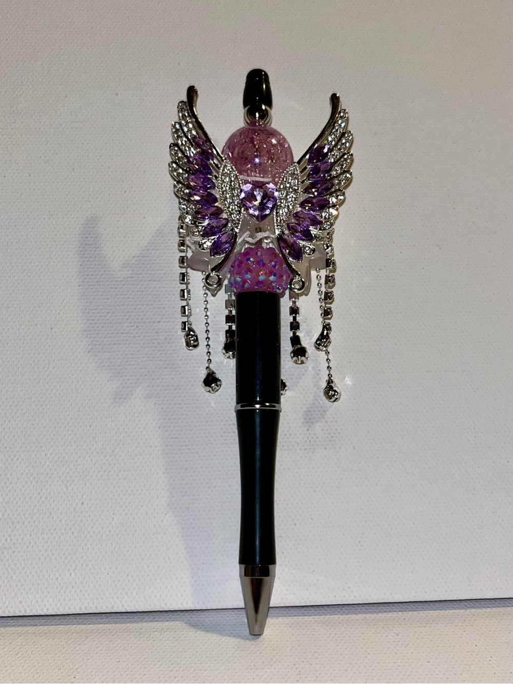 Decorative Angel Wing Ballpoint Pen w/Purple & White Crystal Accents